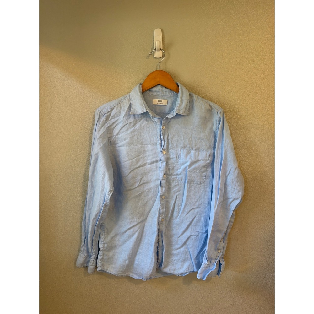 Uniqlo Button Up Shirt Medium Light Blue 100% Linen Long Sleeve